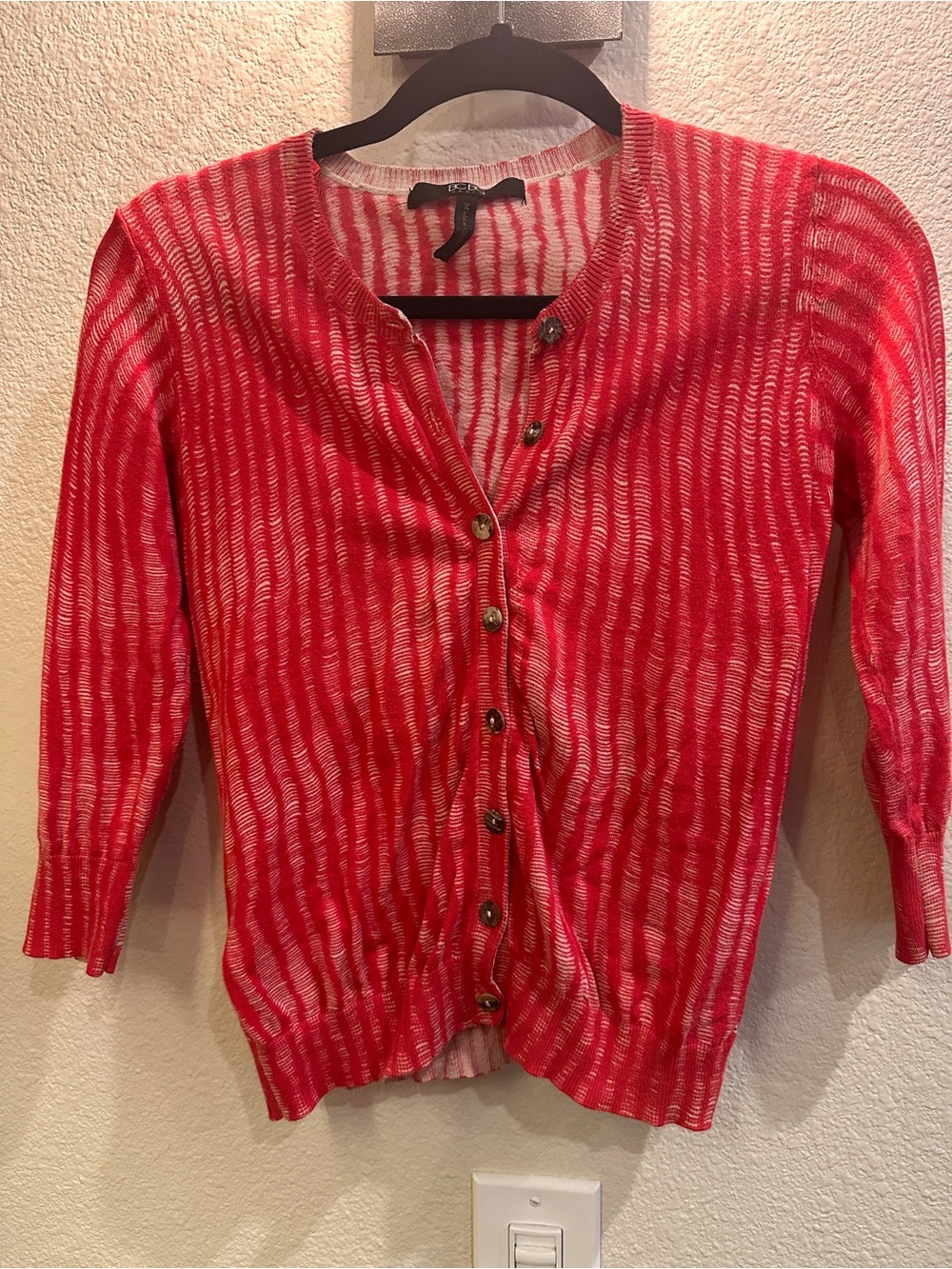 2/$10 or 3/$12 ❤️ BCBG Paris Textured Look Striped Red Knit Cardigan XXS